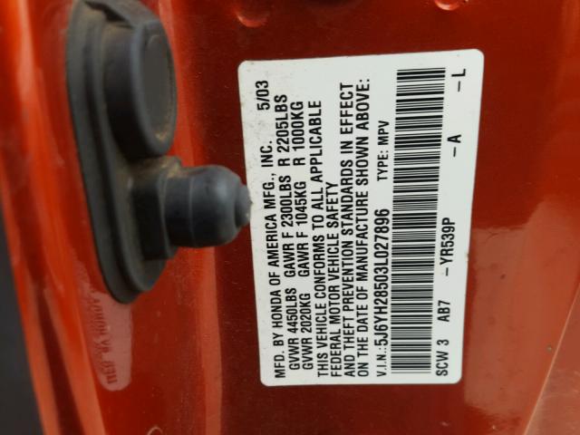 5J6YH28503L027896 - 2003 HONDA ELEMENT EX ORANGE photo 10