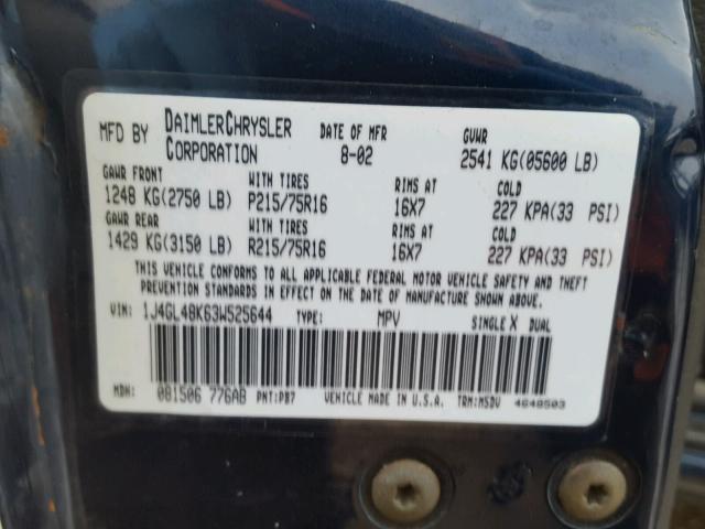 1J4GL48K63W525644 - 2003 JEEP LIBERTY SP BLUE photo 10