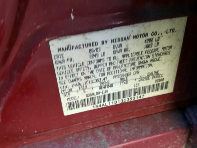 1N4AL11D13C353147 - 2003 NISSAN ALTIMA BAS RED photo 10