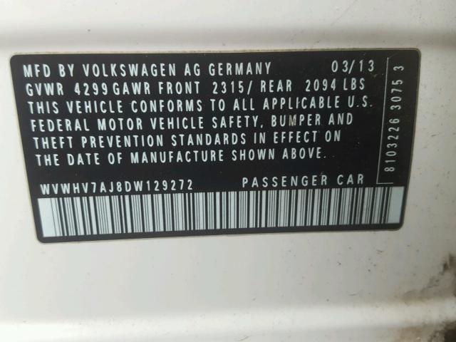 WVWHV7AJ8DW129272 - 2013 VOLKSWAGEN GTI WHITE photo 10