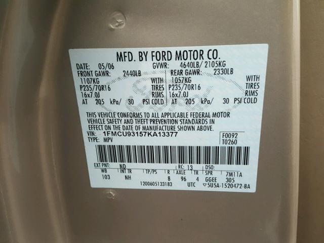 1FMCU93157KA13377 - 2007 FORD ESCAPE XLT GOLD photo 10