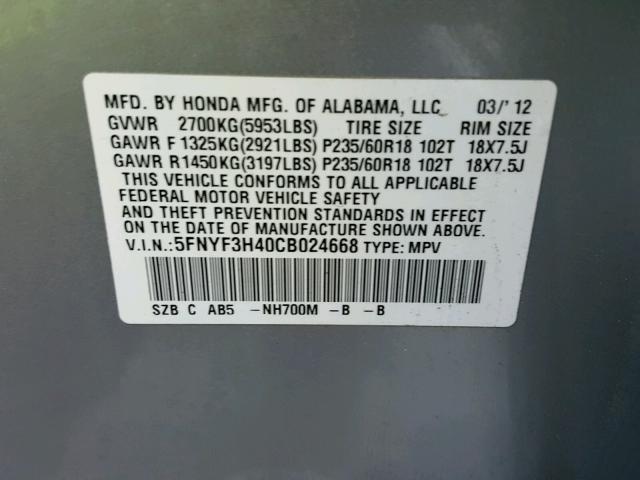 5FNYF3H40CB024668 - 2012 HONDA PILOT EX SILVER photo 10