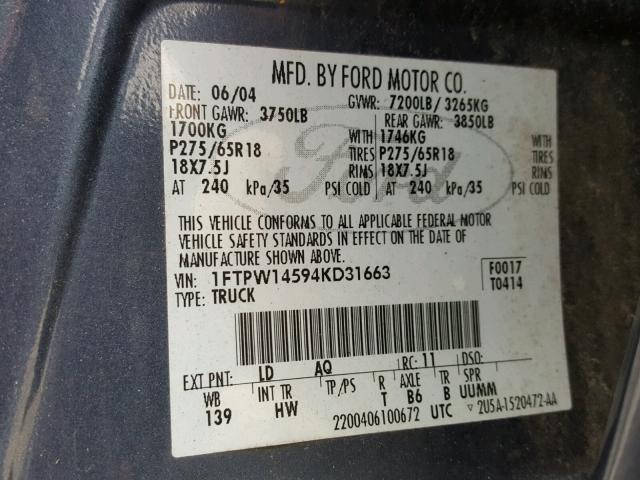 1FTPW14594KD31663 - 2004 FORD F150 SUPER BLUE photo 10