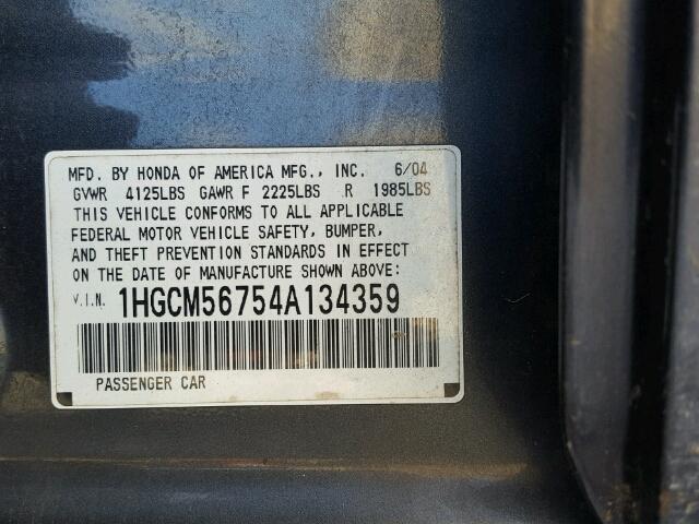 1HGCM56754A134359 - 2004 HONDA ACCORD EX GRAY photo 10