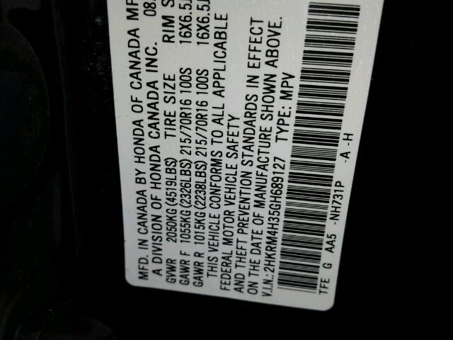 2HKRM4H35GH689127 - 2016 HONDA CR-V LX BLACK photo 10