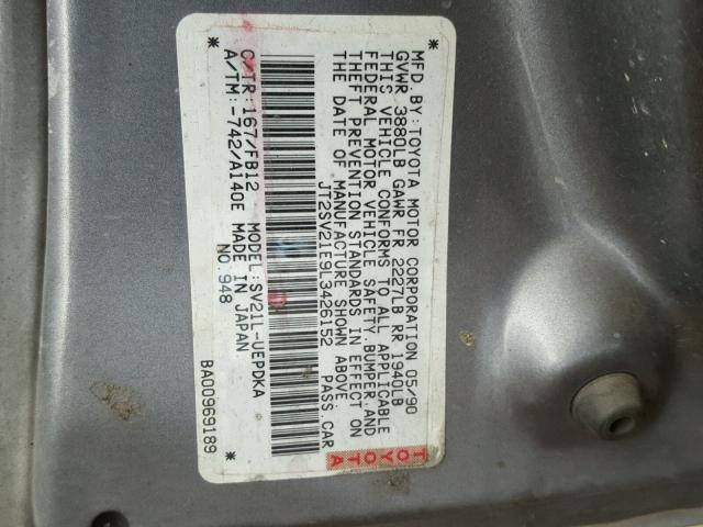 JT2SV21E9L3426152 - 1990 TOYOTA CAMRY DLX GRAY photo 10