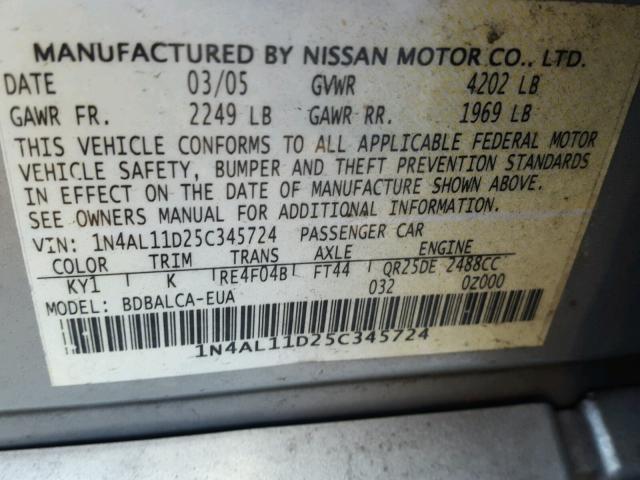 1N4AL11D25C345724 - 2005 NISSAN ALTIMA S SILVER photo 10