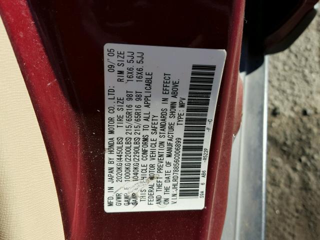 JHLRD78856C006899 - 2006 HONDA CR-V EX BURGUNDY photo 10