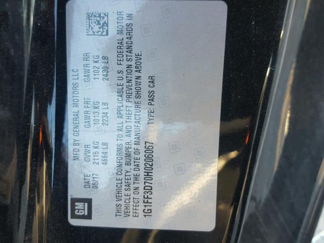 1G1FF3D70H0206067 - 2017 CHEVROLET CAMARO SS Negro foto 10