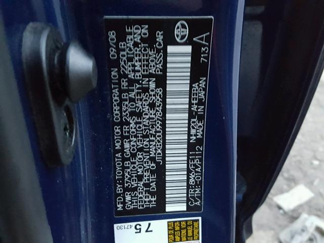 JTDKB20U997843958 - 2009 TOYOTA PRIUS BLUE photo 10