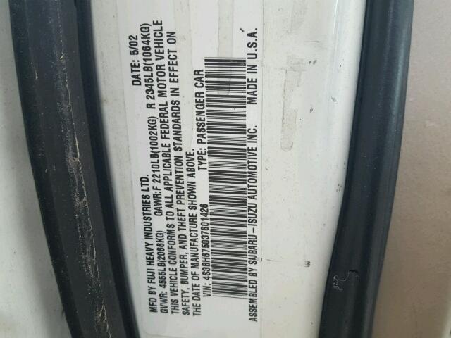 4S3BH675037601426 - 2003 SUBARU LEGACY OUT WHITE photo 10