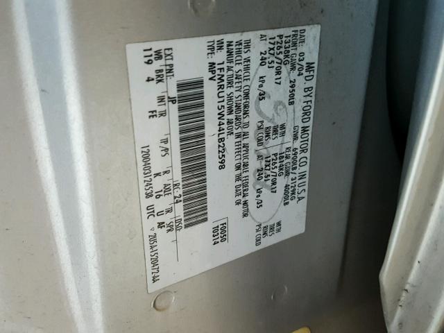 1FMRU15W44LB22598 - 2004 FORD EXPEDITION SILVER photo 10