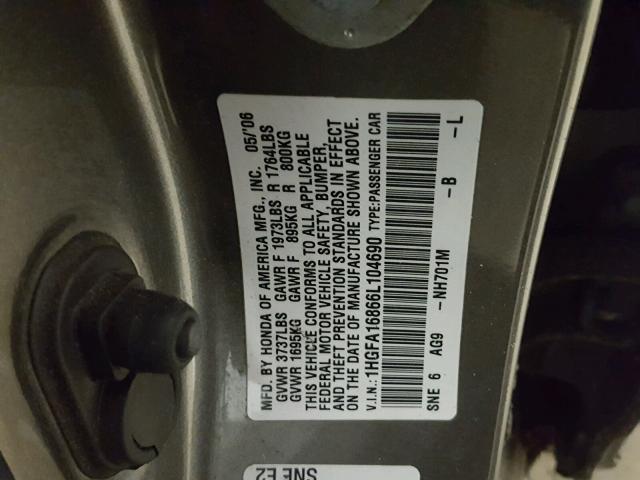 1HGFA16866L104690 - 2006 HONDA CIVIC EX GRAY photo 10