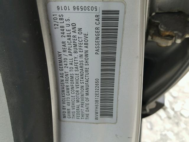 WVWYH63B12E322650 - 2002 VOLKSWAGEN PASSAT GLX SILVER photo 10