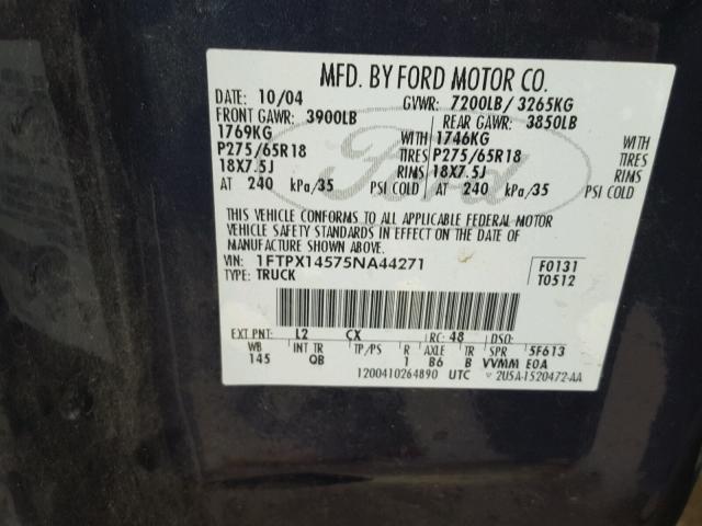 1FTPX14575NA44271 - 2005 FORD F150 BLUE photo 10