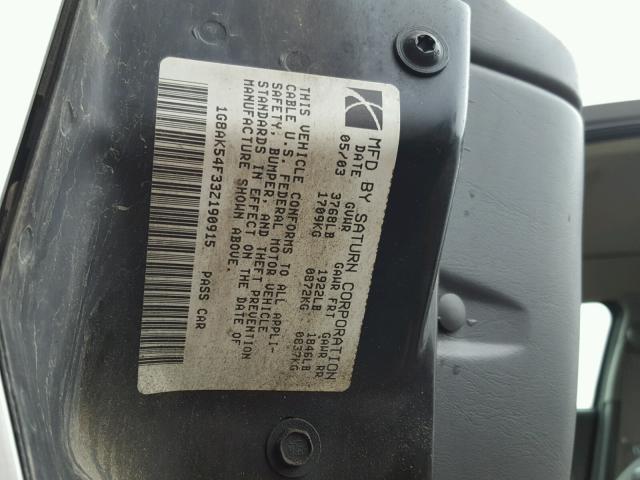 1G8AK54F33Z190915 - 2003 SATURN ION LEVEL SILVER photo 10