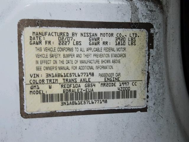 3N1AB61E57L677198 - 2007 NISSAN SENTRA 2.0 WHITE photo 10