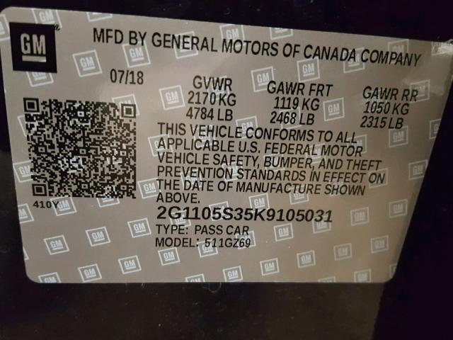 2G1105S35K9105031 - 2019 CHEVROLET IMPALA PRE BLACK photo 10