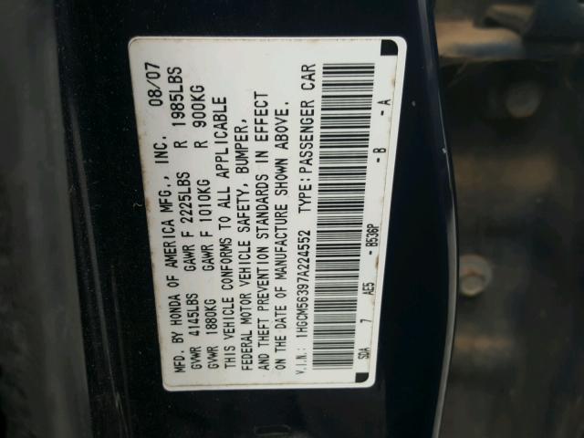 1HGCM56397A224552 - 2007 HONDA ACCORD SE BLUE photo 10