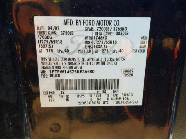 1FTPW14525KE36580 - 2005 FORD F150 SUPER BLUE photo 10