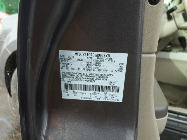 1FMCU0D79AKB95672 - 2010 FORD ESCAPE XLT GRAY photo 10