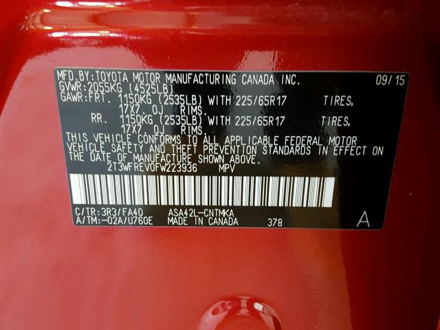 2T3WFREV0FW223936 - 2015 TOYOTA RAV4 XLE RED photo 10