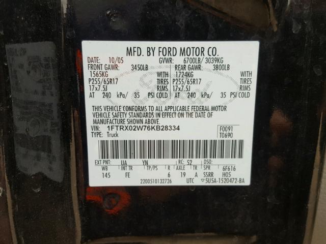 1FTRX02W76KB28334 - 2006 FORD F150 BLACK photo 10