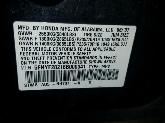 5FNYF28218B000041 - 2008 HONDA PILOT VP BLACK photo 10