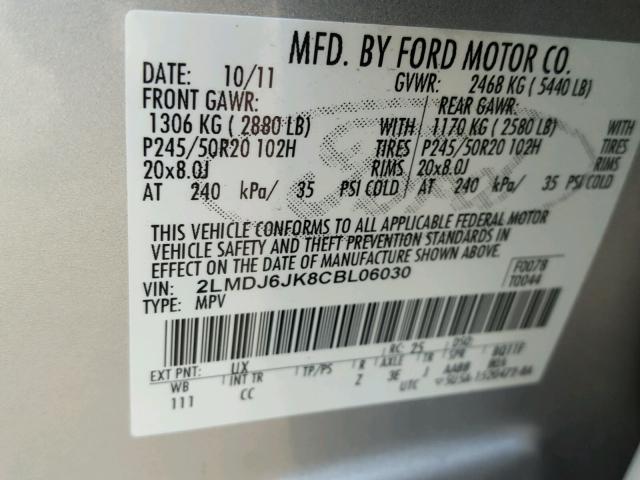 2LMDJ6JK8CBL06030 - 2012 LINCOLN MKX SILVER photo 10