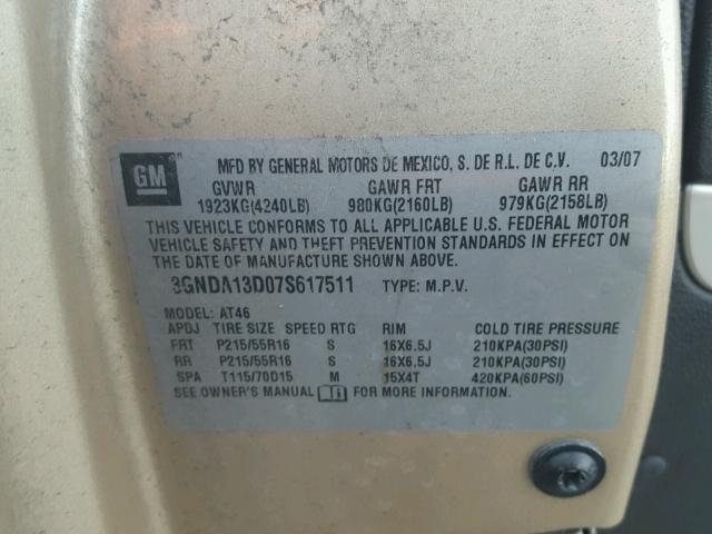 3GNDA13D07S617511 - 2007 CHEVROLET HHR LS BEIGE photo 10