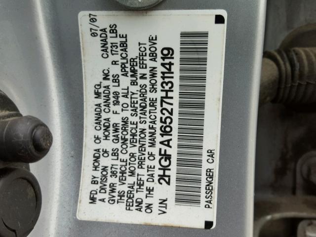 2HGFA16527H311419 - 2007 HONDA CIVIC LX SILVER photo 10