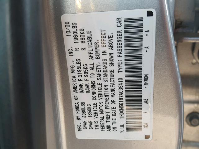 1HGCM56187A039410 - 2007 HONDA ACCORD VAL SILVER photo 10