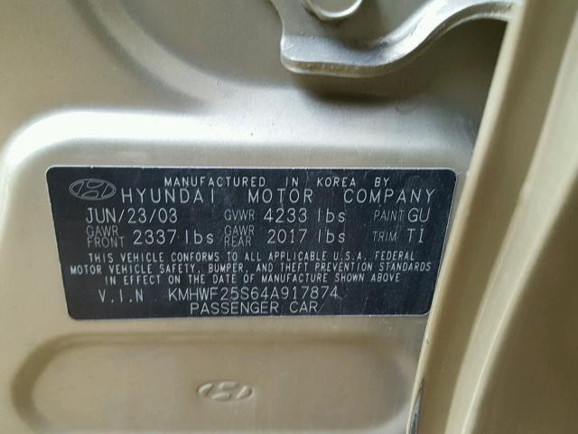 KMHWF25S64A917874 - 2004 HYUNDAI SONATA GL GOLD photo 10