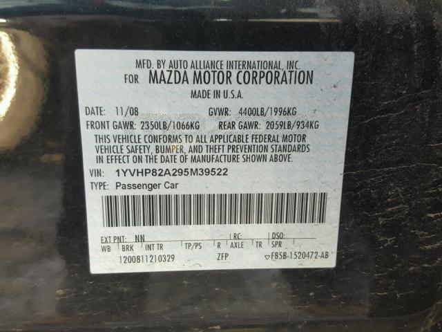 1YVHP82A295M39522 - 2009 MAZDA 6 I BLACK photo 10