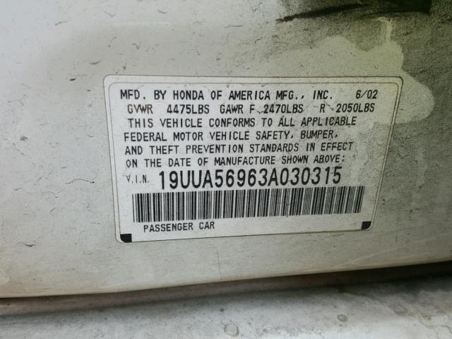 19UUA56963A030315 - 2003 ACURA 3.2TL TYPE WHITE photo 10