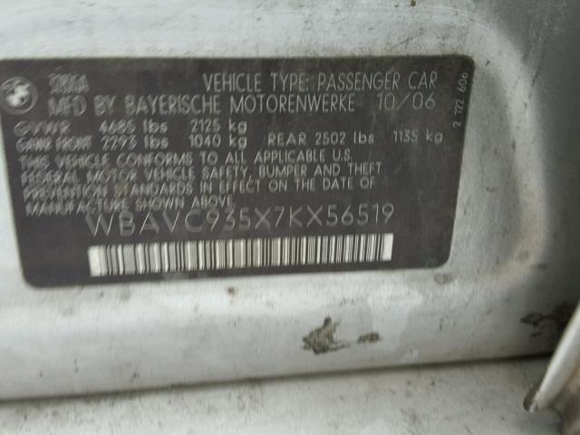 WBAVC935X7KX56519 - 2007 BMW 328 XI SILVER photo 10