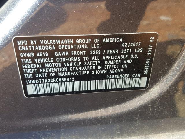 1VWDT7A32HC056412 - 2017 VOLKSWAGEN PASSAT R-L GRAY photo 10
