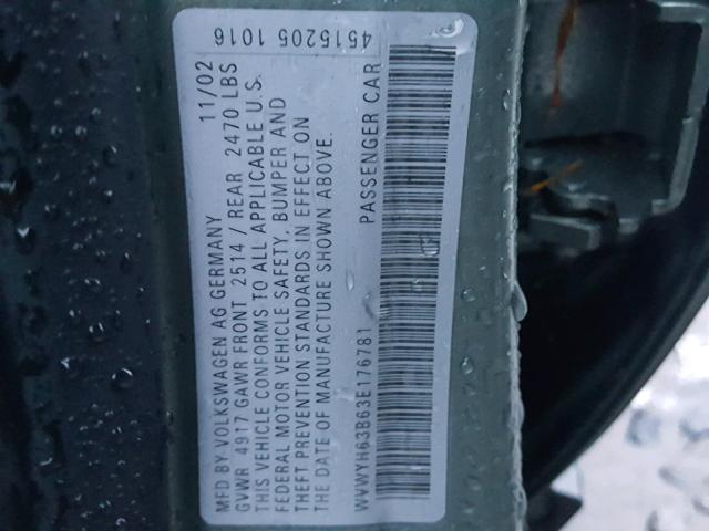 WVWYH63B63E176781 - 2003 VOLKSWAGEN PASSAT GLX GREEN photo 10