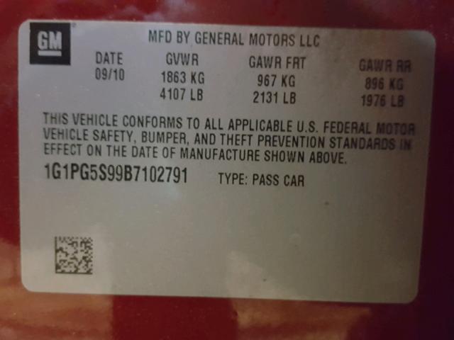 1G1PG5S99B7102791 - 2011 CHEVROLET CRUZE LT RED photo 10