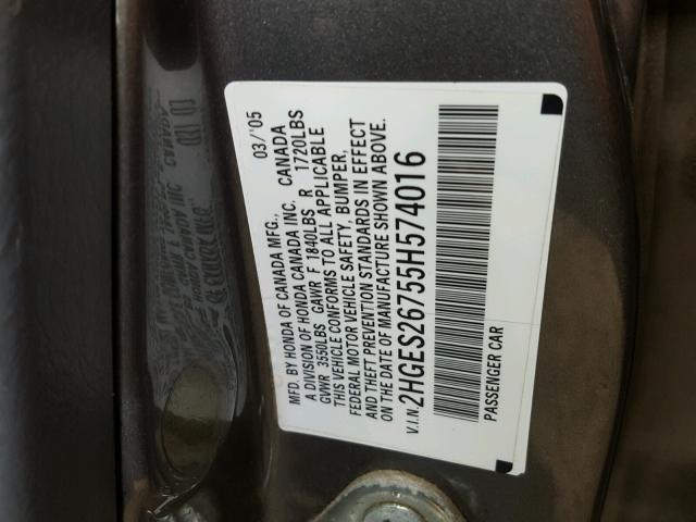 2HGES26755H574016 - 2005 HONDA CIVIC EX SILVER photo 10