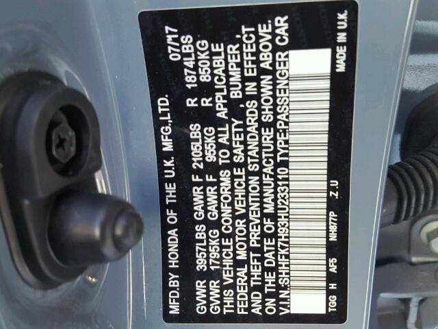 SHHFK7H93HU233110 - 2017 HONDA CIVIC SPOR GRAY photo 10