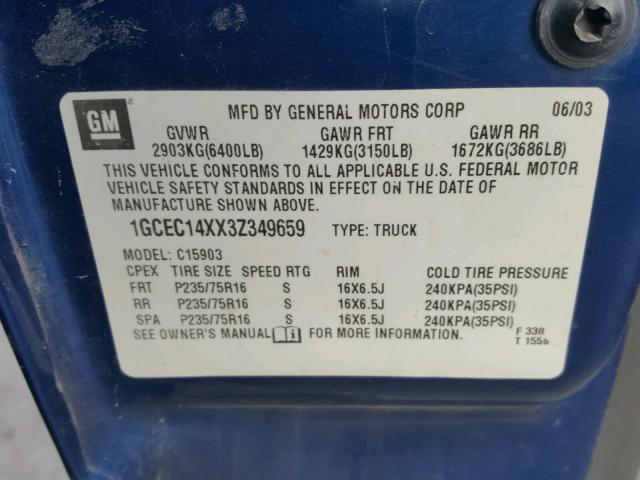 1GCEC14XX3Z349659 - 2003 CHEVROLET SILVERADO BLUE photo 10