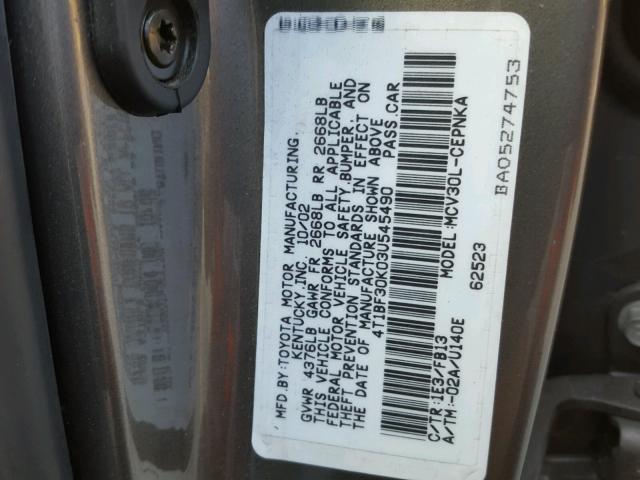 4T1BF30K03U545490 - 2003 TOYOTA CAMRY LE CHARCOAL photo 10