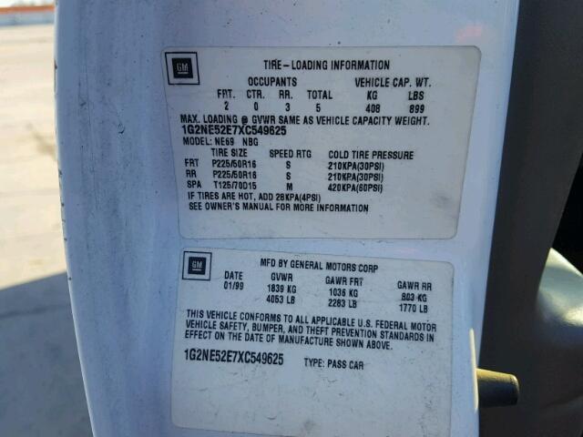 1G2NE52E7XC549625 - 1999 PONTIAC GRAND AM S 白色 照片 10