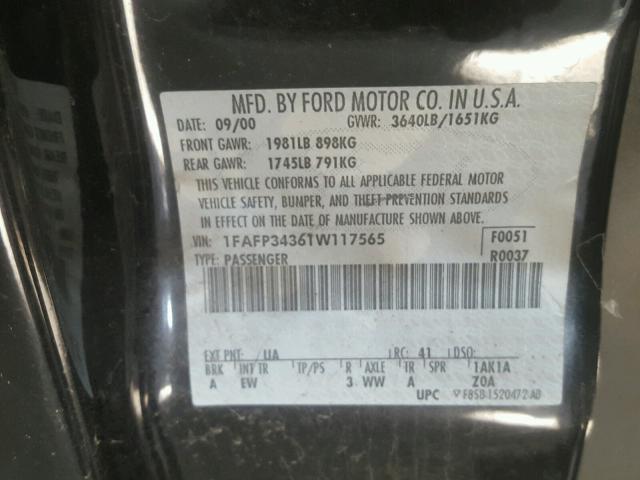 1FAFP34361W117565 - 2001 FORD FOCUS SE BLACK photo 10