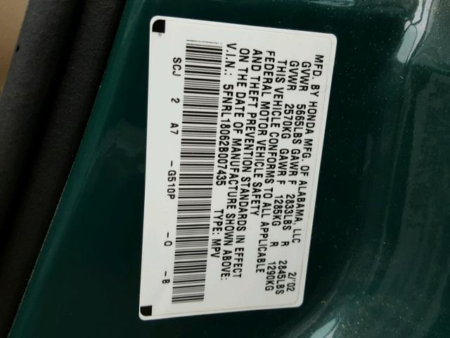 5FNRL18062B007435 - 2002 HONDA ODYSSEY EX GREEN photo 10