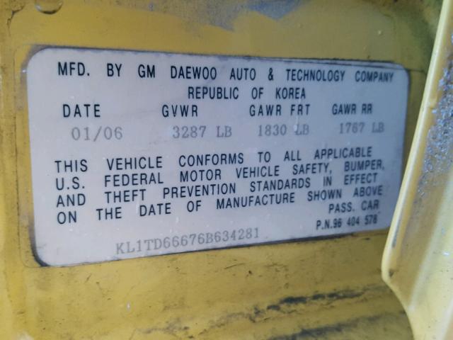 KL1TD66676B634281 - 2006 CHEVROLET AVEO BASE Сары фото 10