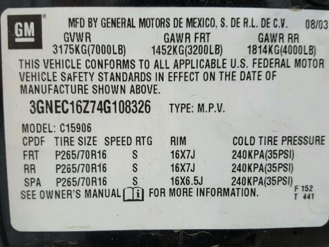 3GNEC16Z74G108326 - 2004 CHEVROLET SUBURBAN C BLACK photo 10