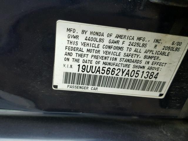 19UUA5662YA051384 - 2000 ACURA 3.2TL BLACK photo 10