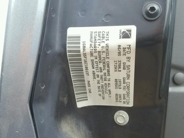 1G8AL55F16Z106137 - 2006 SATURN ION LEVEL GRAY photo 10